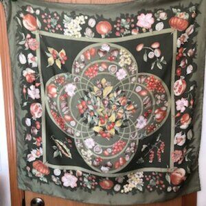 Vintage Carlisle Square Silk Scarf Autumn Hues Fall Fruit Gray Green Background